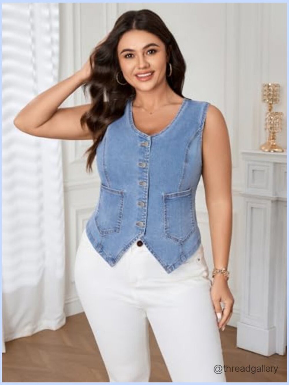 Plus Size Denim Vest Sleeveless V Neck Button Down Cropped Waistcoat Top with - Picture 6 of 7
